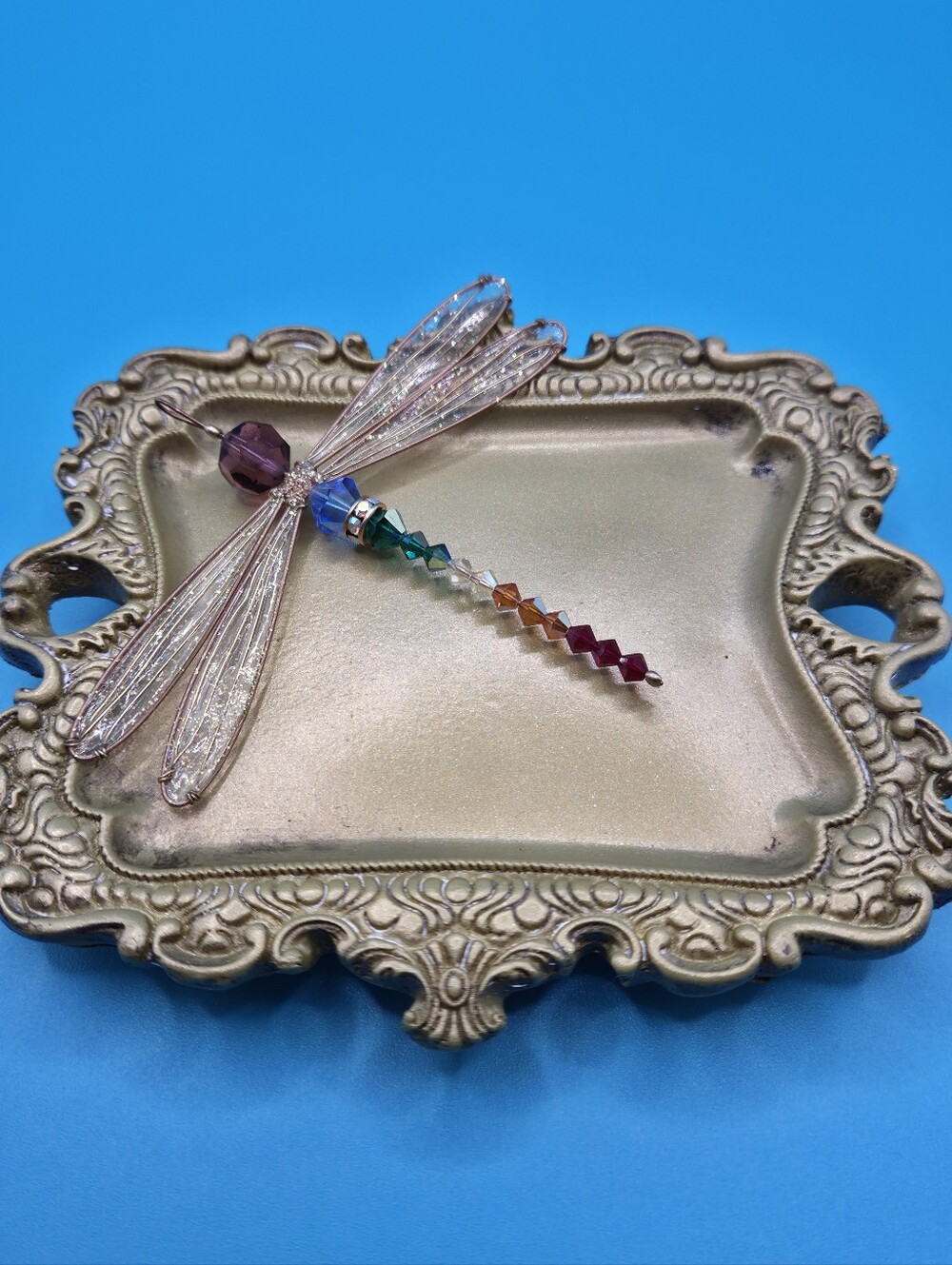 7 Chakra Swarovski Crystal Dragonfly Pendant Rainbow Suncatcher Gold Tone 3.5" - Picture 4 of 16